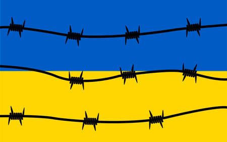 Barbed wire on the background of the national flag of Ukraine. The concept of occupation. Flat vector illustration.のイラスト素材