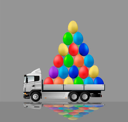 Happy easter. The truck carries a mountain of colored eggs for the holiday.のイラスト素材