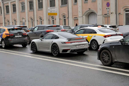 Moscow, Russia - May 1, 2022: Porsche 911 turbo S car on a Moscow street.