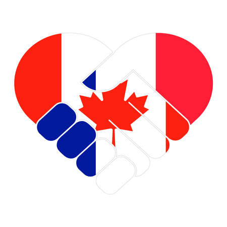 Handshake symbol in the colors of the national flags of Canada and France, forming a heart. The concept of peace, friendship. Flat vector illustration.のイラスト素材