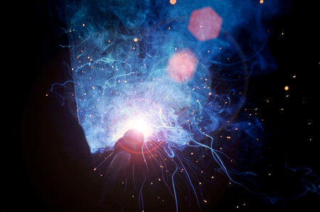 Welding arc. The process of welding products and metal. Illumination, glare