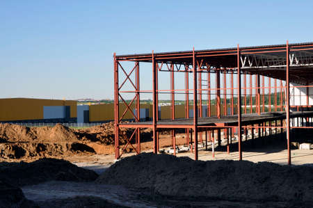 New construction warehouse logistics. Installation of metal structures. Industry and construction.