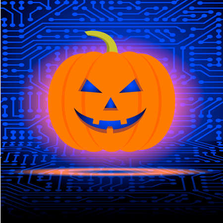 Happy Halloween. Pumpkin on the background of the circuit board. Futuristic vector illustration.のイラスト素材