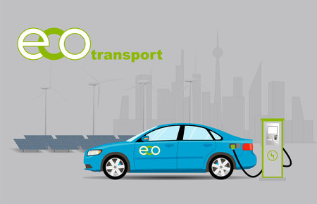 Charging a blue passenger car at an electric charging station against the backdrop of a solar power plant and the silhouette of a big city. Flat vector illustration.のイラスト素材