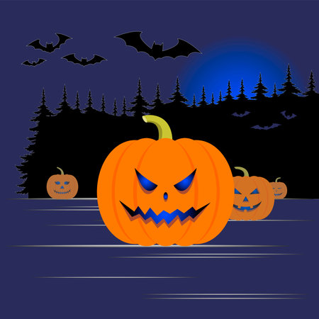 Pumpkin with carved elements of the face for Halloween on the background of the night forest. Flat vector illustration.のイラスト素材
