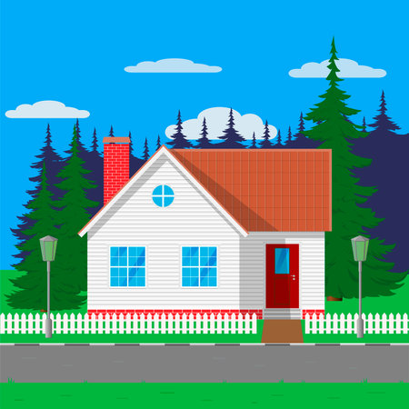 Village house near the forest. Flat vector illustration.のイラスト素材