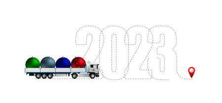 Merry Christmas and New Year concept, destination with 2023 route. Transportation of holiday goods....