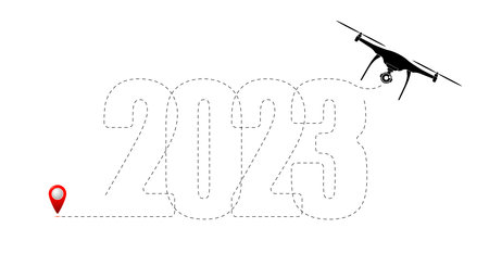 Merry Christmas and New Year concept, destination with 2023 route. Drone control and drawing. flat...