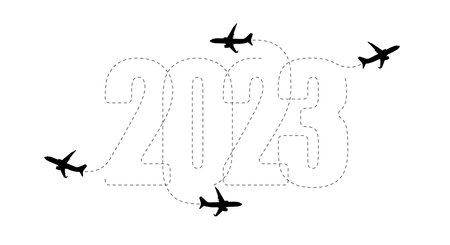 Merry Christmas and New Year concept. The route of the aircraft in 2023. Flat vector illustration