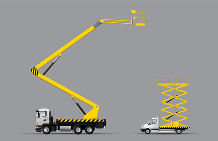 construction lifting equipment. A set of images of aerial platforms on a car chassis. vector illustration.のイラスト素材