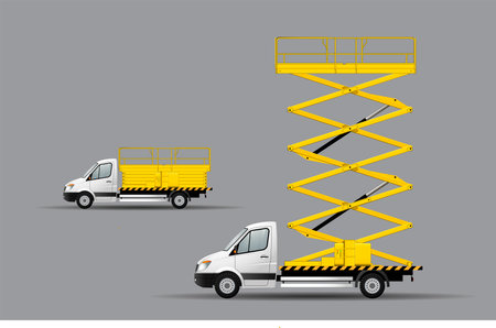 A set of vector images of a scissor lift on a car chassis in transport and working position.のイラスト素材