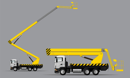 A set of vector images of a vehicle with an air basket for work at height in the transport and working positions.のイラスト素材