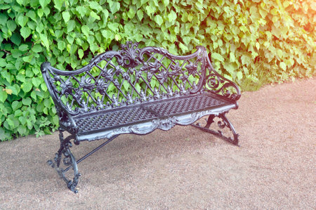 Openwork cast iron bench in the park in summer.の写真素材
