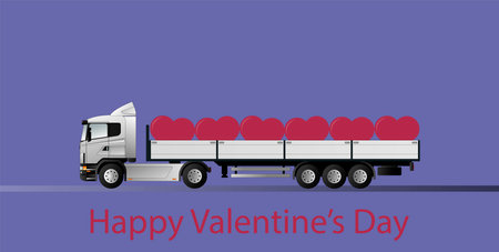 Happy Valentine's Day. A modern European truck with a semi-trailer carries red hearts for the holiday. Viva Magenta.のイラスト素材