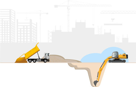 Works on the zero cycle of construction of a residential building. Vector illustration.のイラスト素材