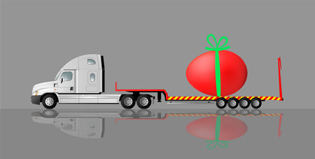 Christ is risen. A modern American truck with a low-bed semi-trailer carries a large red egg for the holiday.のイラスト素材