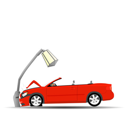 Car accident. The red car crashed into a lamp post.のイラスト素材