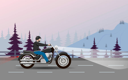 A motorcyclist slowly rides on the road to meet the wind on the road through the forest at night. Vector illustrationのイラスト素材