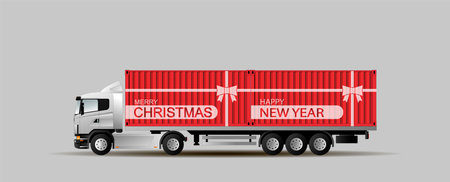 A modern European semi-trailer truck transports sea containers with podrak for Christmas and New Year.のイラスト素材