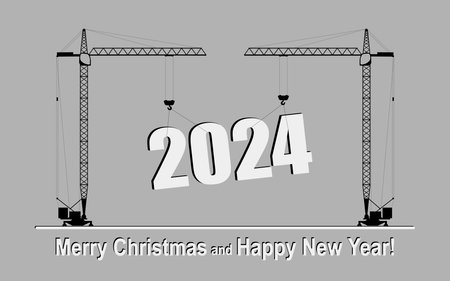 New Year card. Tower construction cranes are lifting the New Year 2024 numbers. Flat vector illustration.のイラスト素材
