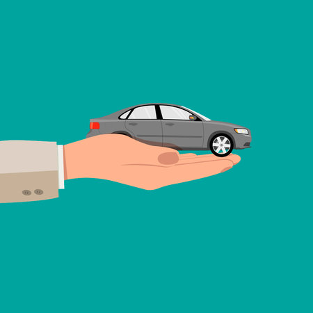 A human hand holds a toy car. Small car in hand. Vector.のイラスト素材