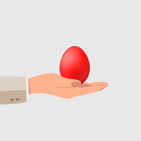 A mans hand holds a painted bright egg. Happy Easter concept. Vector.のイラスト素材