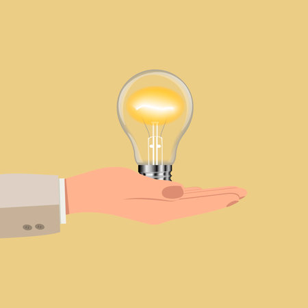 A hand holds an electric light bulb. Thinking, good idea and creative business success concept. Vector.のイラスト素材