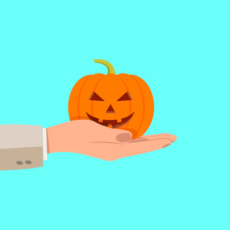 Hand holding pumpkin for Halloween, Happy Halloween concept. Vector illustration.のイラスト素材