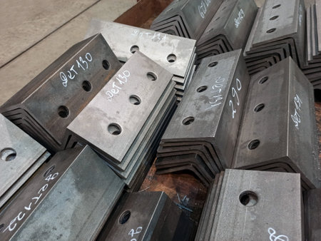 Metal cutting processing. Corner with holes. Warehouse of finished parts with markings.
