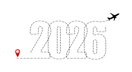 Merry Christmas and Happy New Year concept, destination with 2026 itinerary. Flat vector...
