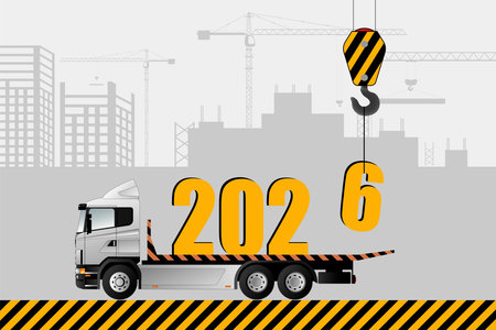 New Years card, 2026. A crane is loading a truck with Christmas figurines.