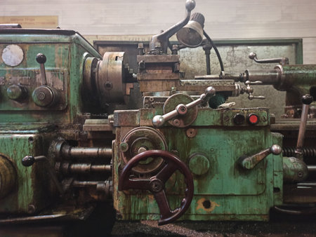 Vintage lathe in the workshop at the factory.