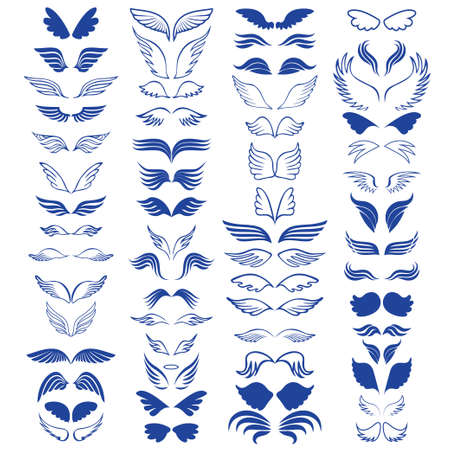 Angel wings sketch big set 60 objects. Vector illustrationのイラスト素材
