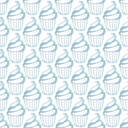 Cream cupcake seamless white blue pattern, vector illustration.のイラスト素材
