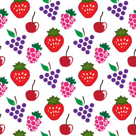 Abstract seamless white red grapes raspberry strawberry background. Vector illustrationのイラスト素材