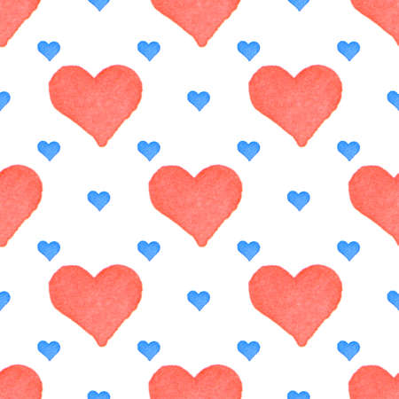 Red and blue hearts seamless watercolor background art pattern
