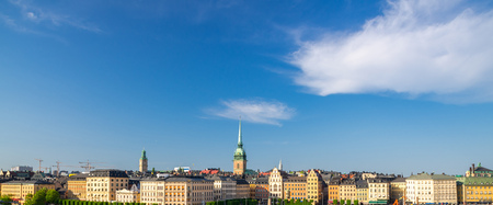 Aerial top view of Stockholm skyline with traditional buildings and Lutheran German Church Spires on Kornhamnstorg harbour square in old historical town quarter Gamla Stan with copy space, Swedenの写真素材
