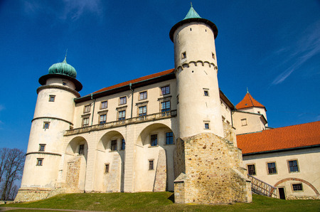 Old medieval castle in Nowy Wisnicz with towers and green lawn around, Polandのeditorial素材