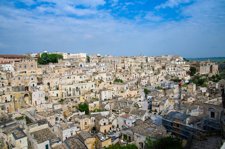 Matera panoramic view of historical centre Sasso Barisano of old ancient town Sassi di Matera with rock cave houses, European Capital of Culture, UNESCO World Heritage Site, Basilicata, Southern Italyの写真素材