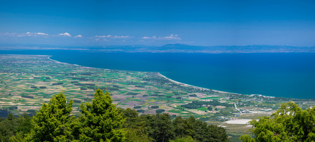 Panoramic view of Thermaikos Gulf of Aegean sea and Khalkidiki or Halkidiki peninsula seen from  mountains in Greeceの写真素材