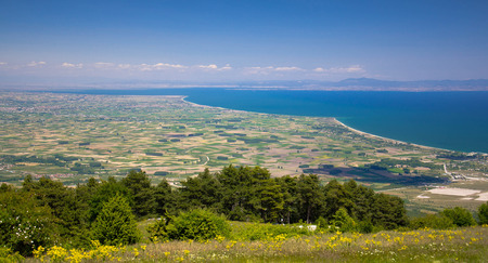 Panoramic view of Thermaikos Gulf of Aegean sea and Khalkidiki or Halkidiki peninsula seen from Olympus mountains in Greeceの写真素材