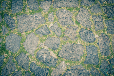 Cobblestone pavement background with copy space. Abstract old close-up cobble stone texture. Paving stone patterned street view from above, paving tiles with grass.の写真素材