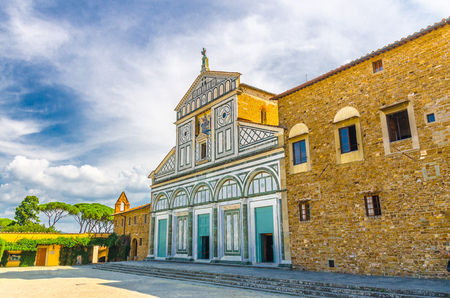 Abbazia di San Miniato al Monte basilica, Palazzo dei Vescovi (Palace of Bishops) in Parco della Rimembranza park in Florence city, blue sky white clouds, Tuscany, Italyのeditorial素材