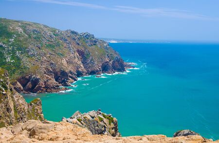 Portugal, The Western Cape Roca of Europe,  landscape of Cape Roca, Atlantic ocean coastline view from Cabo da Roca, Azure Atlantic water, cliffs of coastline at the extreme point of Europeの写真素材