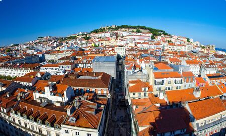Portugal, panoramic view of Lisbon in summer, Lisbon fortress hill Ñlose-up, touristic centre of Lisbon, St. George's medieval Castle in Lisbon, forest on the highest hill in Lisbonの写真素材