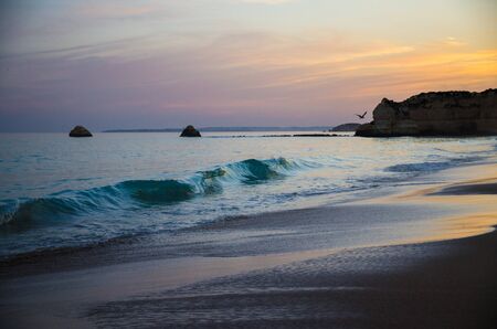 Portugal, Algarve, The best beaches of Portimao, Praia da Rocha, sunset over The Atlantic Ocean, people on the coast of evening Atlantic ocean,  seagull bird soars over the waves of Atlanic oceanの写真素材