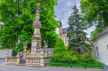 The Plague Column Morovy Sloup near The Sedlec Ossuary small Roman Catholic chapel and Cemetery Church of All Saints in Kutna Hora town, Central Bohemian Region, Czech Republicの写真素材