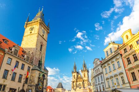 Prague Old Town Square (Stare Mesto) historical city centre with Astronomical Clock (Orloj) and Tower of Old Town City Hall building, Gothic Church of Our Lady before Tyn, Bohemia, Czech Republicの写真素材