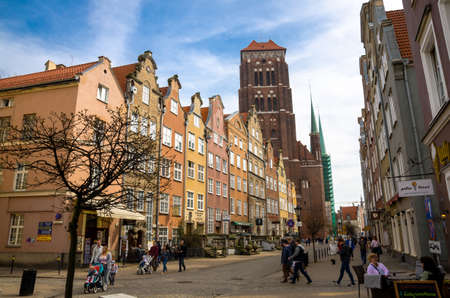 Gdansk, Poland, April 15, 2018: tower of Basilica Assumption Blessed Virgin Mary St Marys Church...