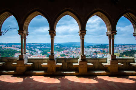 Leiria, Portugal - June 24, 2017: View of Leiria city from window arch of castle Leiriaのeditorial素材